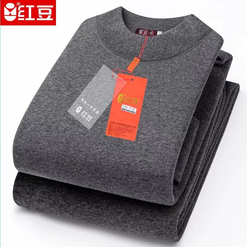 红豆正品保暖内衣男士套装加绒加厚秋衣秋裤中领纯棉毛衫圆领灰色