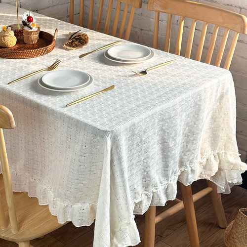 法式奶油餐桌布复古圆桌茶几荷叶边原木北欧蕾丝布艺阳台盖巾定做