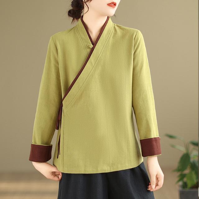 中国风复古斜襟系带改良汉服衬衫女春季宽松大码禅意茶服棉麻上衣