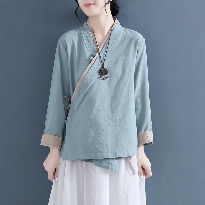 新品文艺斜襟盘扣衬衫女春秋新款中国风汉服棉麻上衣复古禅意茶服