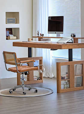 舍间日式实木可调节电动升降书桌学习工作台樱桃木家用电脑办公桌