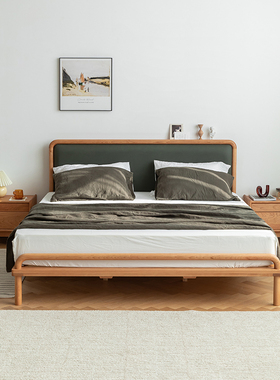 舍间/北欧樱桃木实木床现代简约1.8科技布软靠床非板式可定制家具