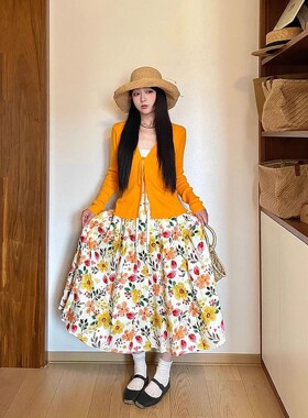 小众甜美温柔橘色系带针织开衫女橙色花朵显瘦高腰半身裙两件套装