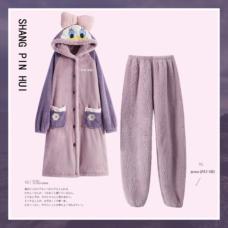 唐老鸭情侣睡衣女春秋冬季珊瑚绒加厚长款睡袍2023年新款网红黛西