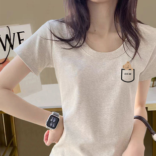 米灰色性感辣妹装2025夏季设计感正肩显瘦小个子t恤短袖纯棉上衣