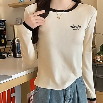 2026秋季棉质长袖t恤女撞色圆领别致洋气显瘦小众打底衫ins上衣潮
