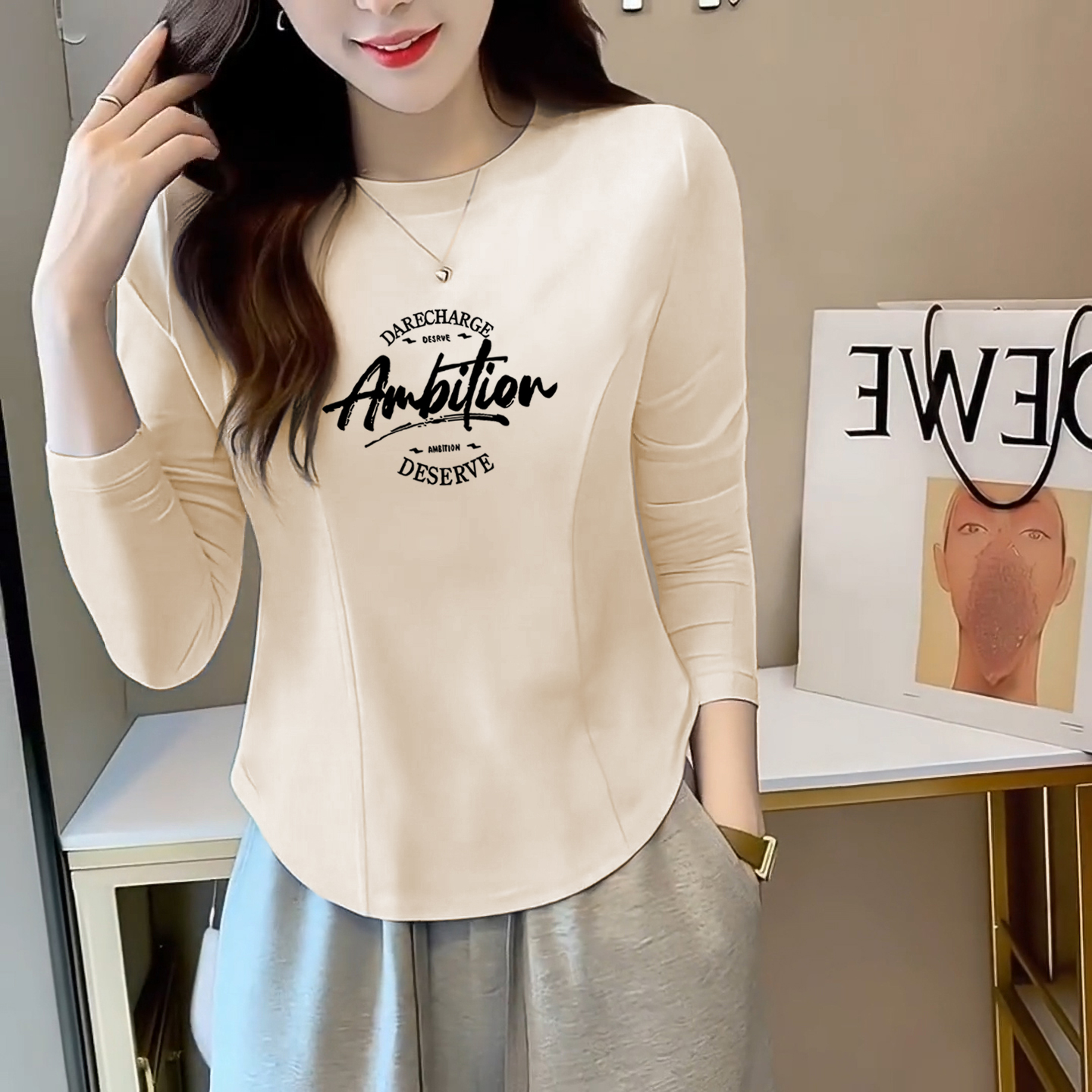 2025早秋季正肩T恤女气质修身长袖打底设计感不规则下摆鱼骨上衣