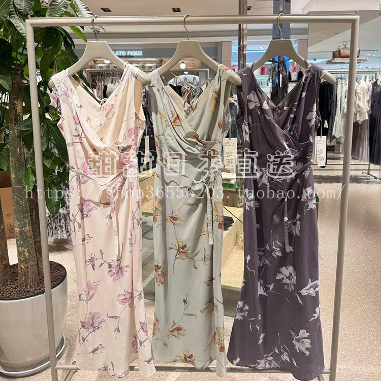 日本代购SNIDEL春夏新品V领系带腰带无袖印花连衣裙女 SWFO251127