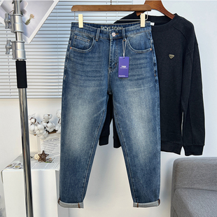 高阶棉质感复古猫须纹水洗牛仔裤男士春季四面弹修身小直筒长裤子