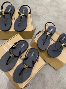 2025夏季新款女士凉鞋韩版平底黑色纯色金属扣百搭款防滑休闲夹趾