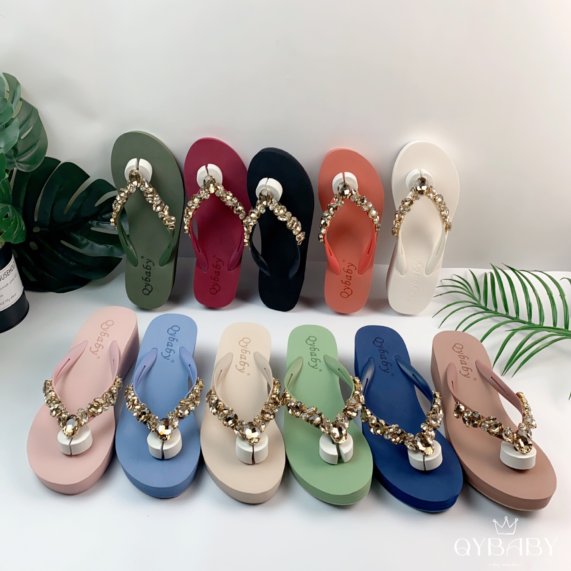 韩版水钻海边厚底人字凉拖鞋