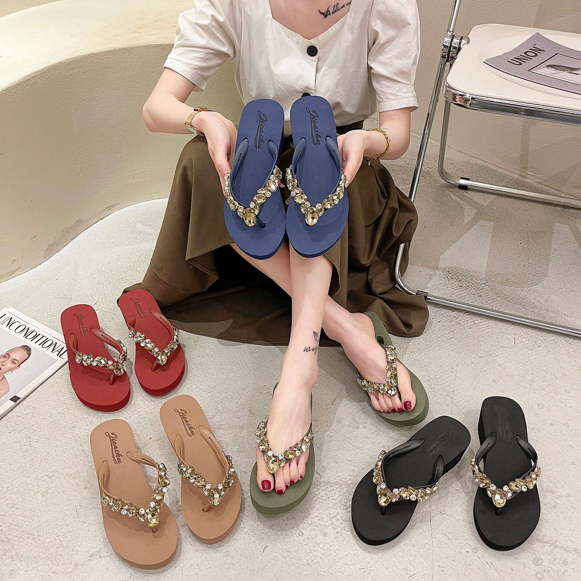 5厘米厚底人字拖女外穿夏季韩版百搭时尚水钻坡跟防滑沙滩鞋凉拖