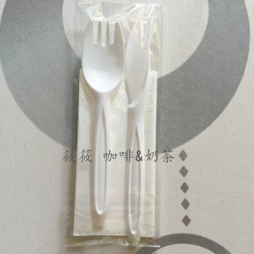 一次性塑料餐具 白色刀+叉勺+纸套装  可切披萨/牛排/蛋糕100套
