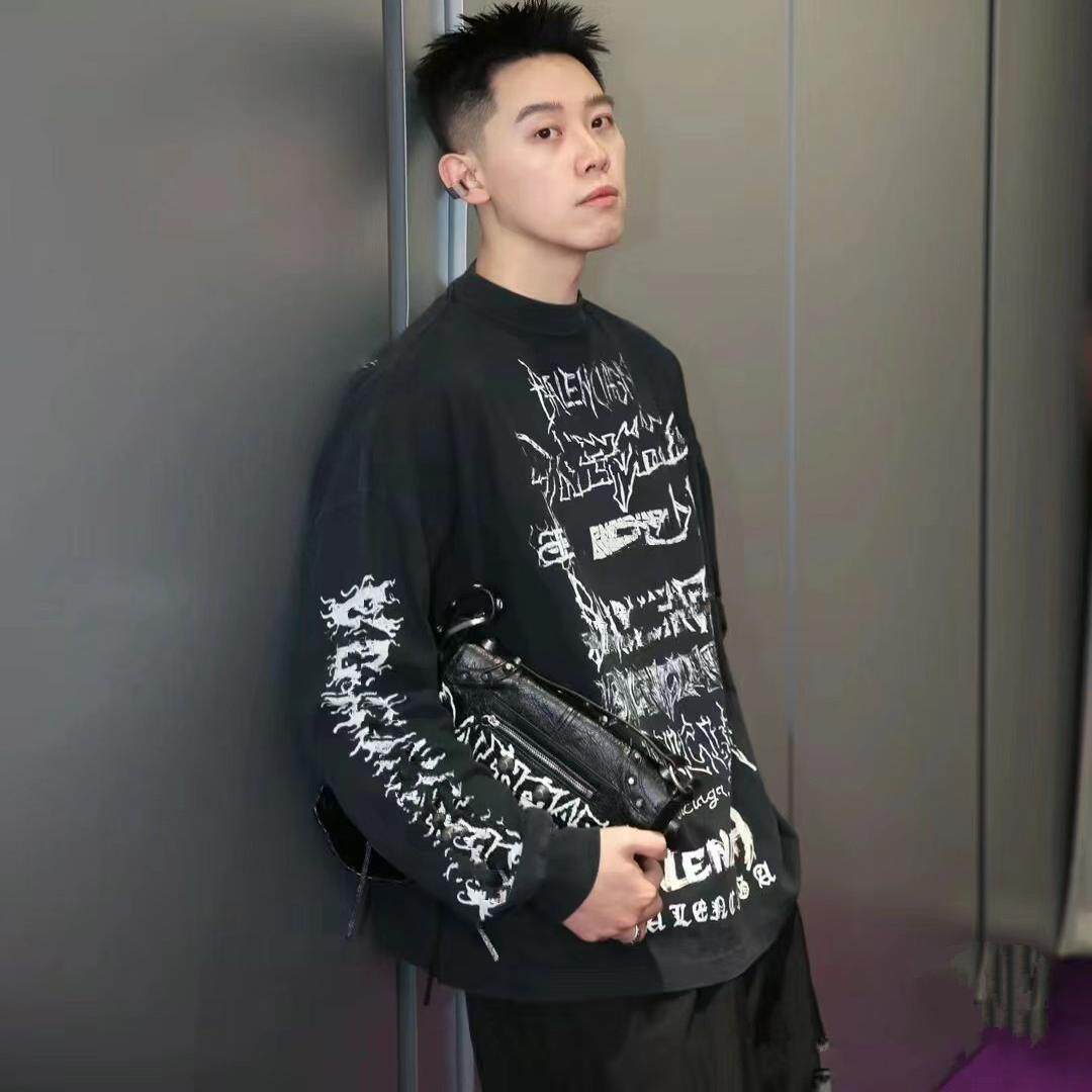 嘻哈高街黑色字母印花长袖T恤