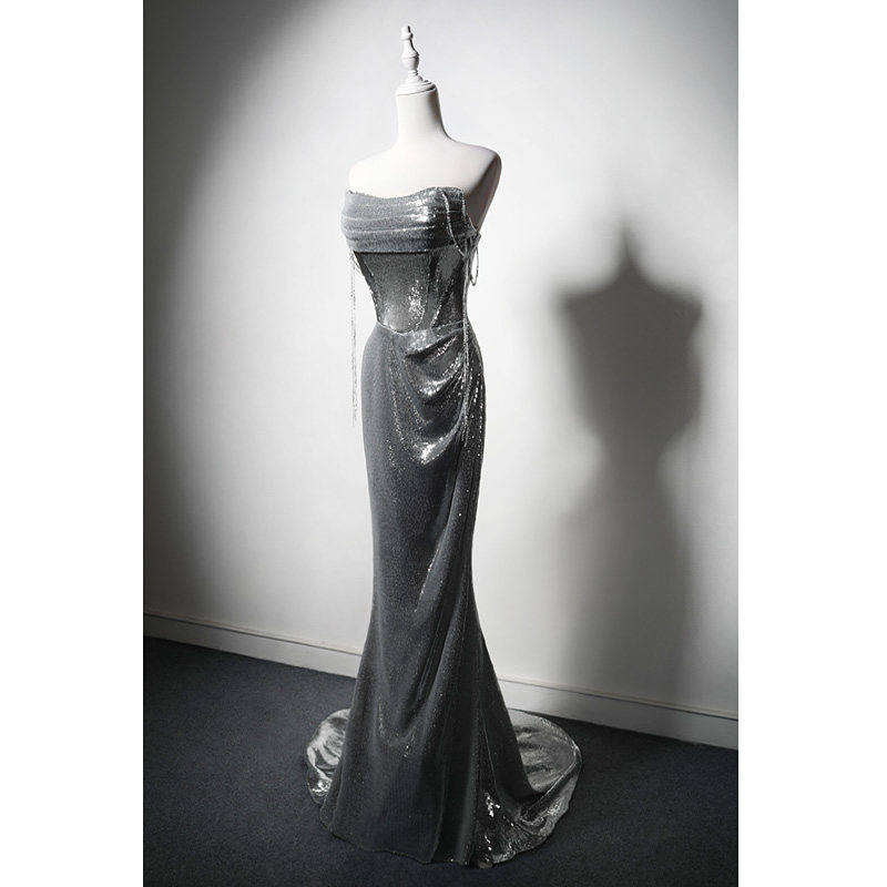 闪银色成人礼毕业年会舞台表演出主持晚宴年会生日新娘结婚敬酒服