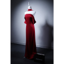 MISSQIAN 晚礼服女 一字肩鱼尾敬酒服新娘高级感缎面红色婚纱修身