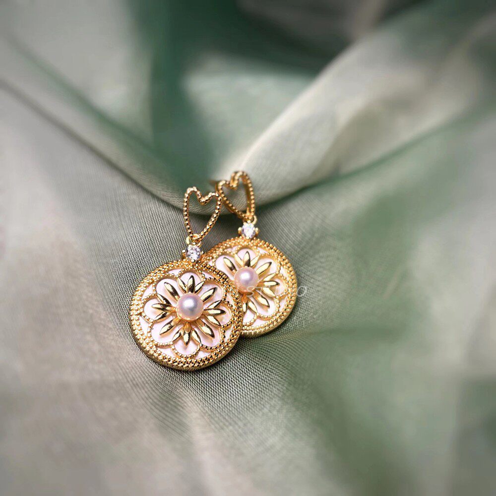 ZMN/萱茉/小众复古日系精致蕾丝贝壳天然珍珠14k镀金耳钉纯银针