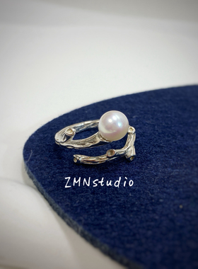 ZMN/银河/小众设计复古轻奢手工正圆无暇天然淡水珍珠925纯银戒指