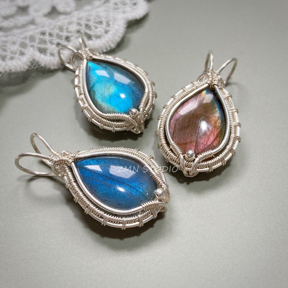 ZMN/灵犀/小众原创设计纯银手工绕线天然拉长石水晶宝石吊坠项链