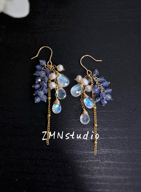 ZMN/凝霜/原创日系手工精致重工14K天然珍珠坦桑石月光石宝石耳环