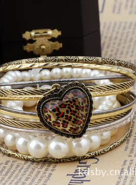 欧美风复古豹纹珍珠饰品手环