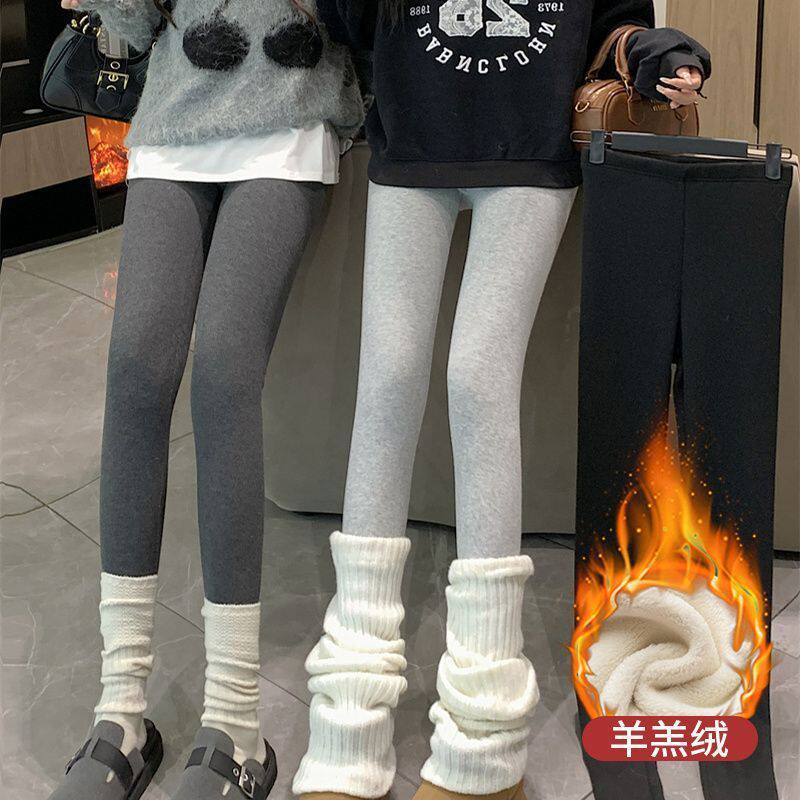 秋冬季新款螺纹打底裤女外穿驼绒加厚羊羔绒竖条纹高腰九分小脚