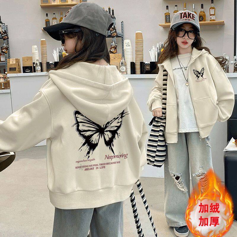 女童秋冬款外套2024新款洋气休闲中大童加厚上衣女孩加绒连帽卫衣
