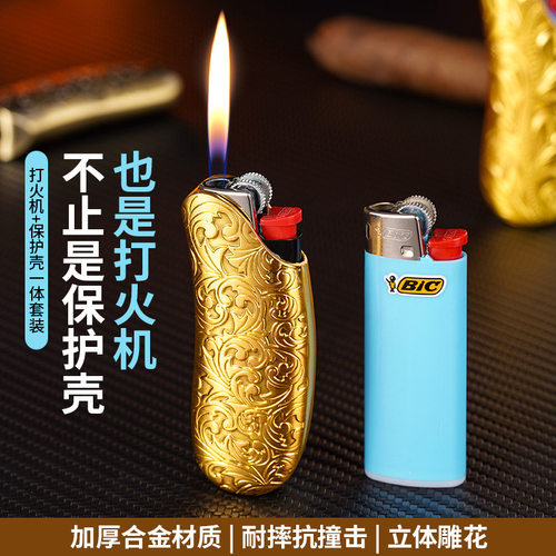 BIC比克J5一次性防爆砂轮打火机合金豌豆款机套复古雕唐草富贵花