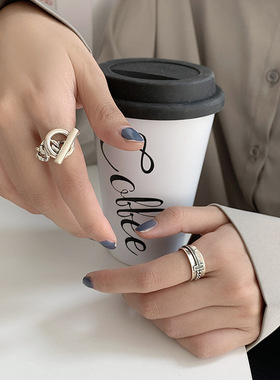 简约S925镀银OT扣戒指女复古泰银几何链条宽指环韩版学生食指戒潮