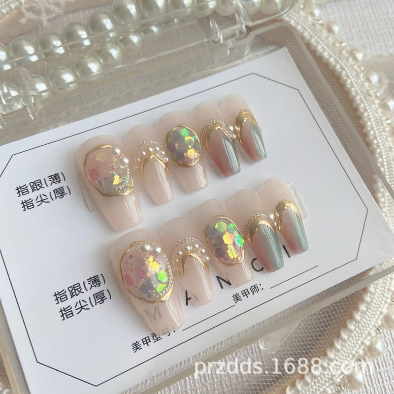 网红同款手工美甲穿戴甲魔镜粉亮片渐变芭蕾甲可拆卸假指甲片