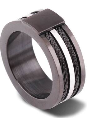 厂家批发 欧美时尚新款个性不锈钢黑色双排10MM电缆绳戒指百搭男