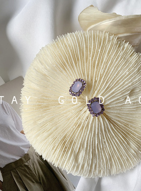 吃金acc彩色方钻气质几何钻饰母贝色紫色小钻s925纯银针耳环女