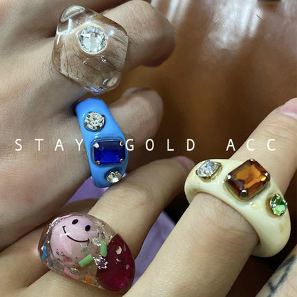 吃金acc自制韩国ylyl同款彩色果冻水钻亚克力树脂复古可爱ins戒指