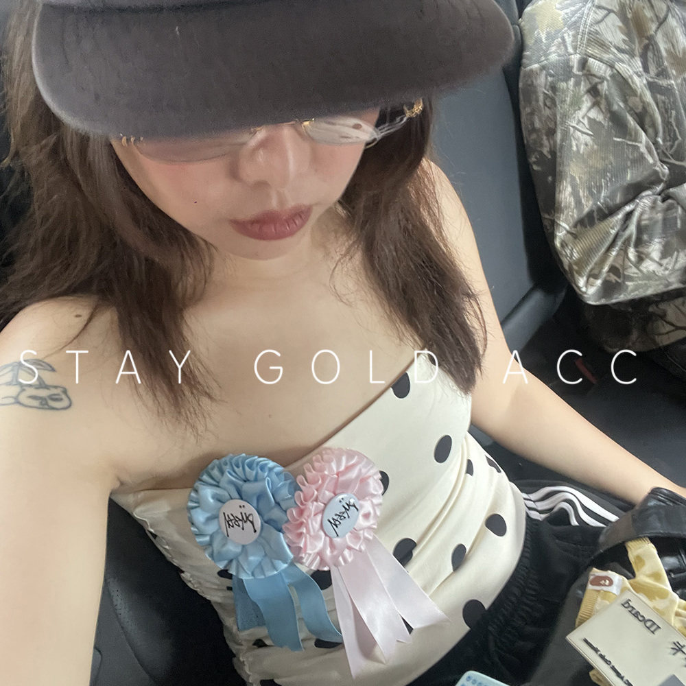 ins粉色蓝色缎面恶搞stu$$y品牌logo丝带胸花蝴蝶结胸针发夹女