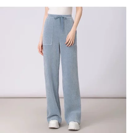 阿玛施显瘦时尚雪尼尔高腰休闲百搭松紧腰加厚直筒长裤子5100386