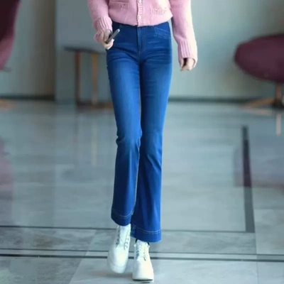 阿玛施女高腰显瘦微喇九分牛仔裤