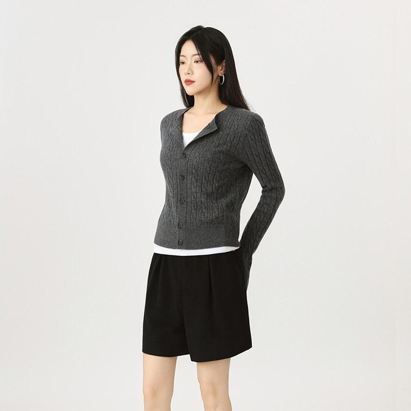 官网女装2025秋新款正品麻花纹羊毛针织开衫圆领毛衣外套148041