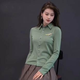 AMASS阿玛施绵羊毛长袖衬衫女秋冬修身打底上衣打底衫女装1300820