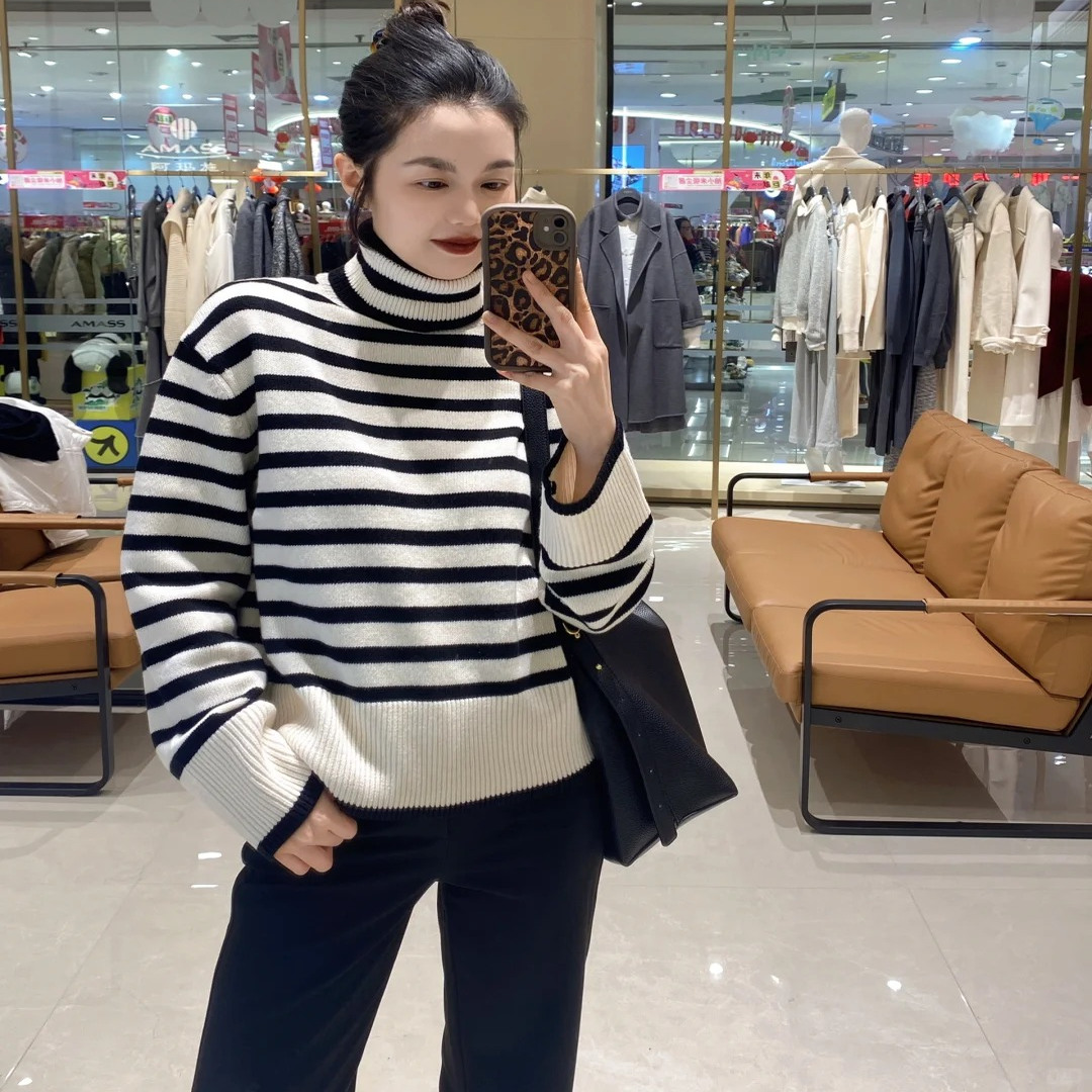 阿玛施黑白条纹高领羊毛针织衫女
