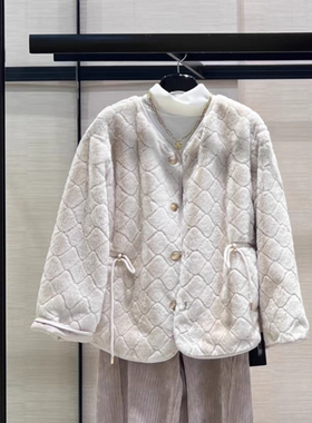 阿玛施2025秋冬新款抽绳收腰菱格圆领绒毛小香风外套女士1400648