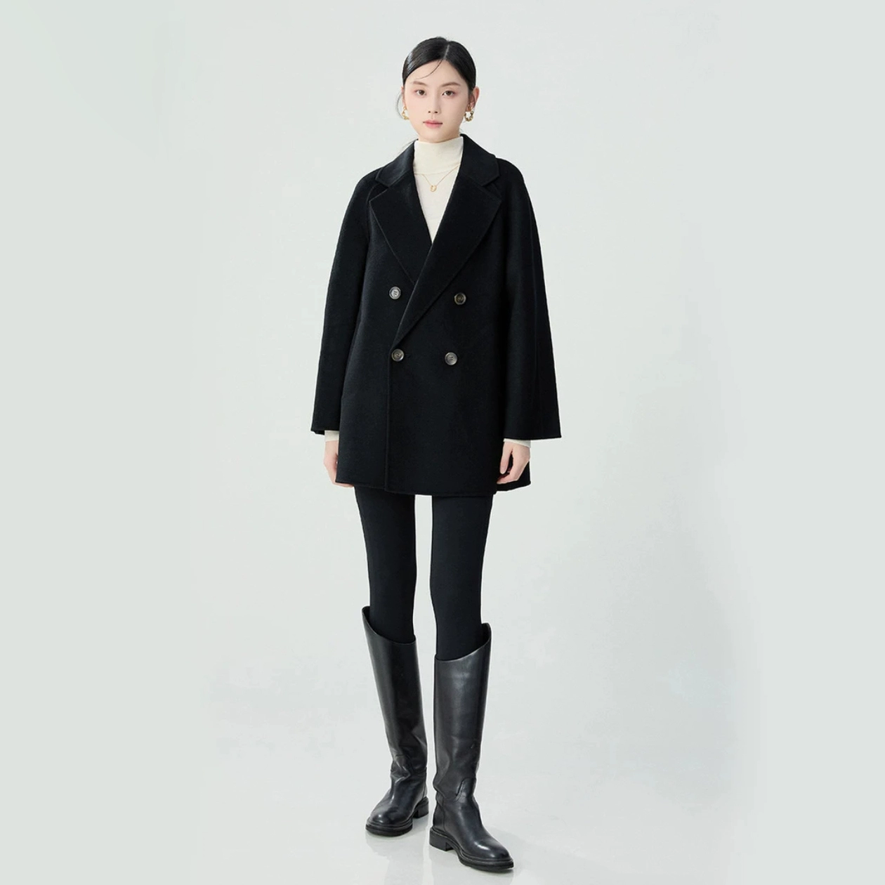 双排扣简约新款绵羊毛复古黑色女