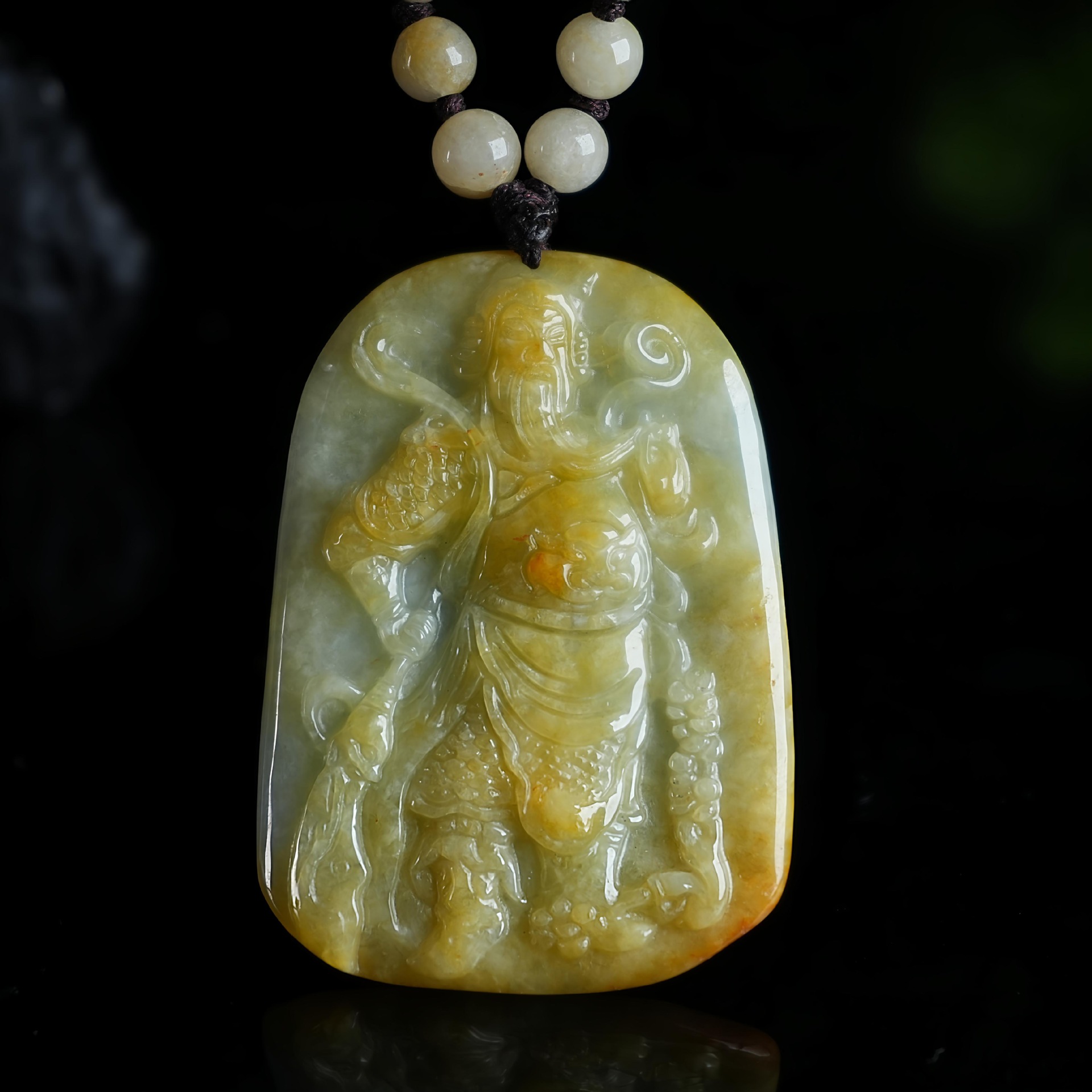 缅甸翡翠a货长须关公拿大刀玉牌黄翡 关公吊坠挂件玉器男款