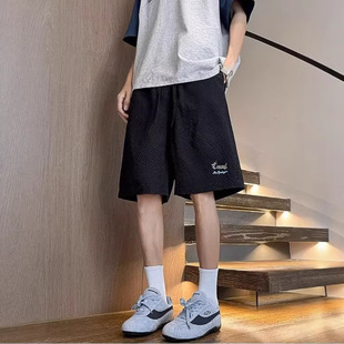 潮仑布泡泡纱五分休闲短裤男款夏季腊肠小狗刺绣沙滩速干休闲裤男