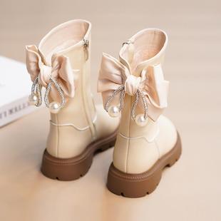 女童靴子秋冬款儿童鞋子加绒宝宝中筒靴二棉米色女孩公主长靴棉鞋