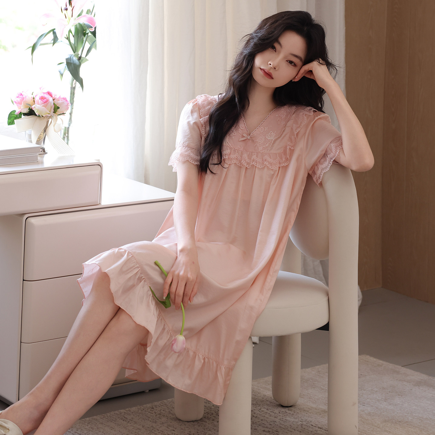 带胸垫睡裙夏季女款2026新款睡衣裙短袖天丝麻冰丝绸连衣裙家居服