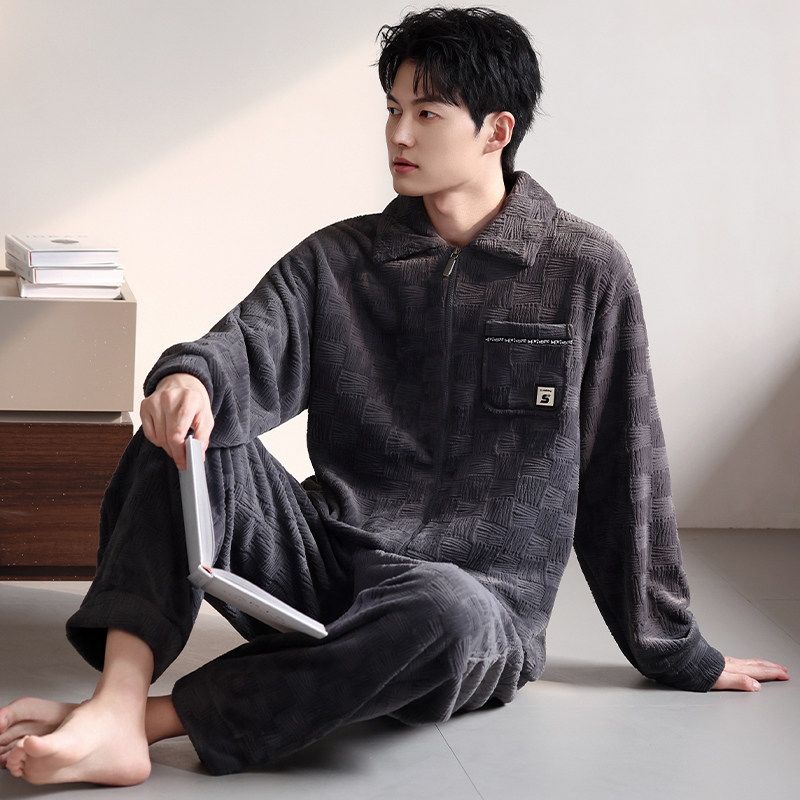 睡衣男士冬季珊瑚绒加厚加绒男款秋冬法兰绒高级感冬款拉链家居服