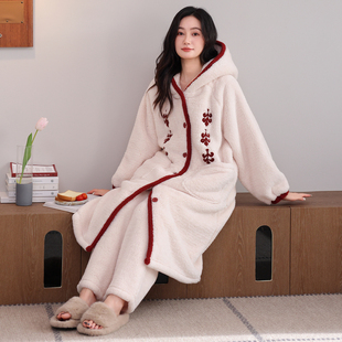 珊瑚绒睡衣女款冬季加厚加绒秋冬法兰绒睡袍长裤家居服浴袍晨袍