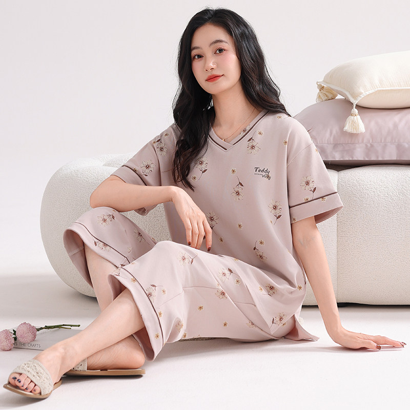 2026新款睡衣女夏纯棉短袖七分裤带胸垫休闲可外穿中年妈妈家居服