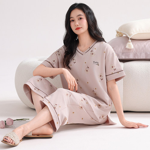 2026新款睡衣女夏纯棉短袖七分裤带胸垫休闲可外穿中年妈妈家居服