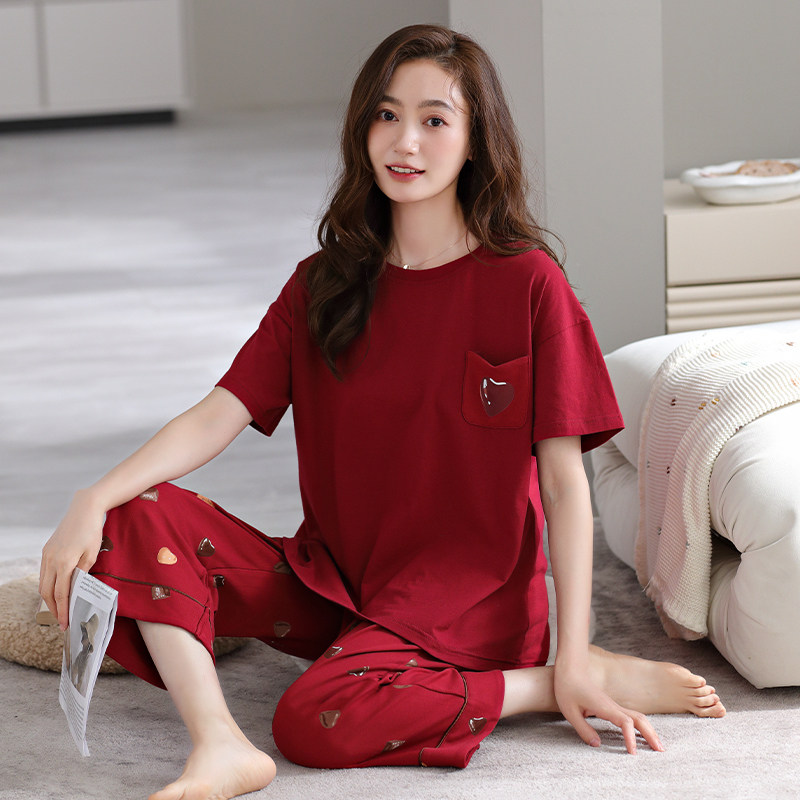 睡衣女款带胸垫夏季七分裤纯棉薄款短袖大码本名年红色家居服套装